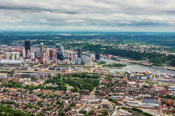 Aerial view of Pittsburgh from above the North Shore