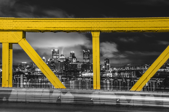 The West End Bridge frames the Pittsburgh Skyline in Black and Gold