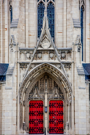 The red doors of Heinz Chapel at Pitt