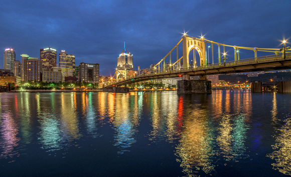 A colorful reflection of the Clemente Bridge in Pittsburgh