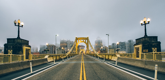 A foggy morning on the Clemente Bridge in PIttsburgh