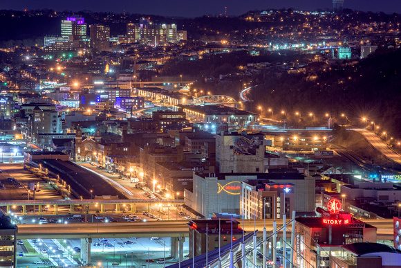 The Strip District glows at night in Pittsburgh