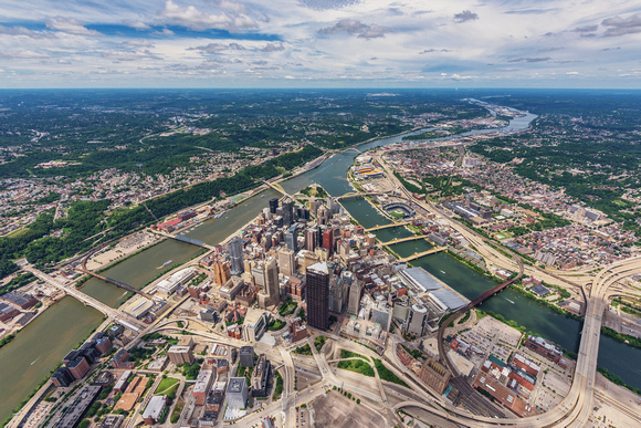 Aerial view above Pittsburgh on a beautiful day