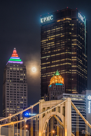 The Gulf Tower, Steel Building, Koppers Building and full moon in Pittsburgh