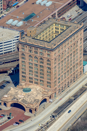 An aerial view of the Pennsylvanian in downtown Pittsburgh