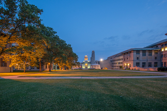 Wide angle of Cathedral of Learning and Hamerschlag Hall before dawn