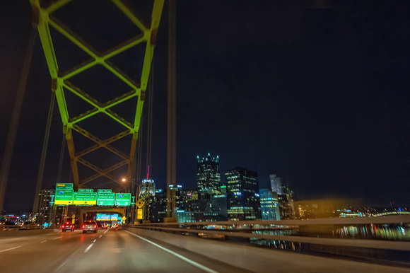 Pittsburgh skyline at night through the Ft. Pitt Tunnels