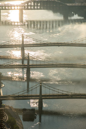 The Sister Bridges shine at dawn in Pittsburgh