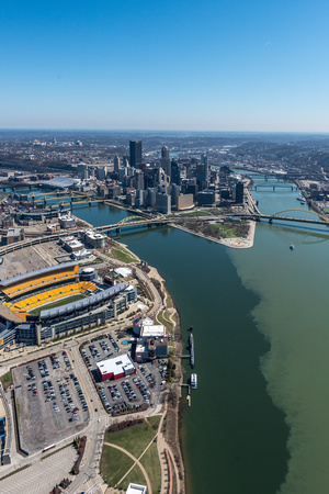 Looking at Pittsburgh from above the Ohio River