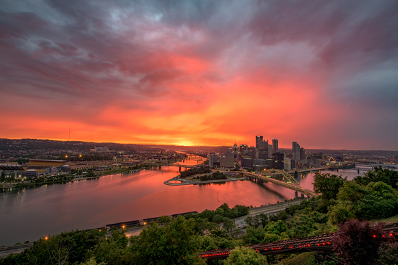 A beautiful sunrise over Pittsburgh as the sky is on fire before dawn