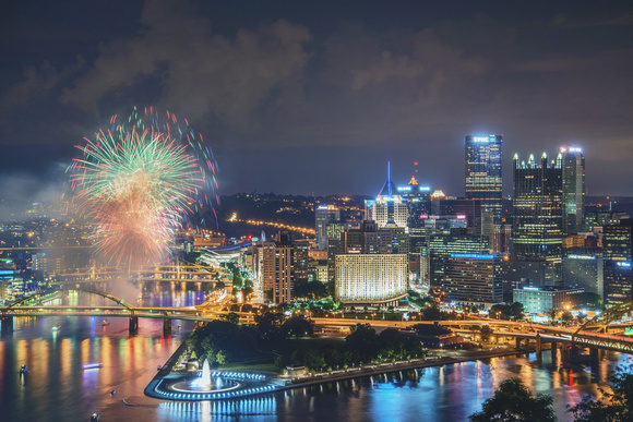 Fireworks over the Pittsburgh skyline from Mt. Washington