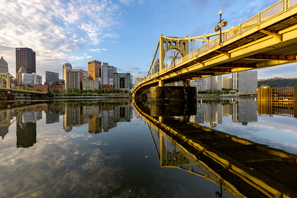 A reflection of the Clemente Bridge in Pittsburgh