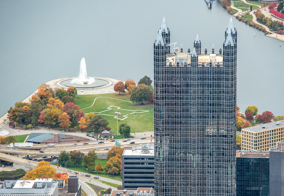 Aerial view of PPG Place and the fountain at the Point in Pittsburgh