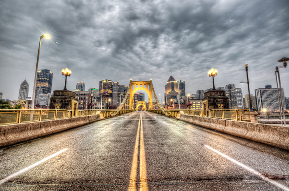 A cloudy morning on the Roberto Clemente Bridge in Pittsburgh