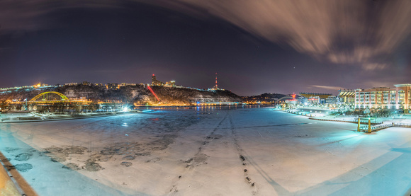 Panorama above the iced over Allegheny River in Pittsburgh