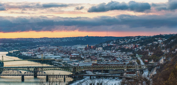 Panorama of the South Side Slopes after a snowfall at dawn in Pittsburgh