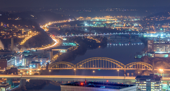 A view up the Allegheny River at night in Pittsburgh