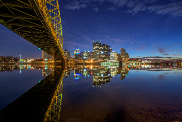 Reflections of the Ft. Pitt Bridge in Pittsburgh before dawn