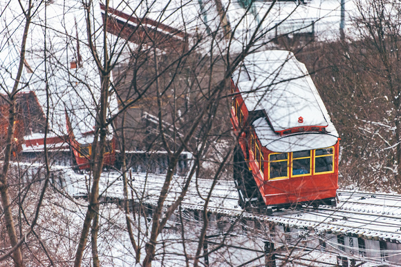 The Duquesne Incline climbs a snowy track in Pittsburgh