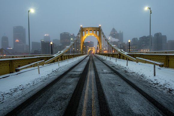 Fresh tracks through the snow on the Ft. Pitt Bridge in Pittsburgh
