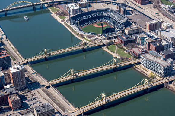 Aerial view of the Sister Bridges and PNC Park in Pittsburgh