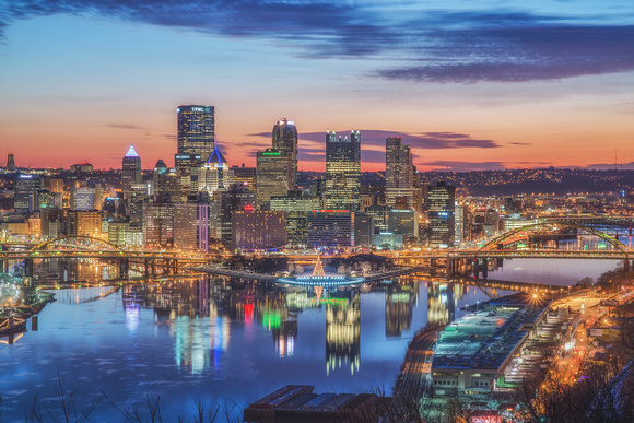 A view from the West End Overlook of the Pittsburgh skyline during a colorful winter sunrise