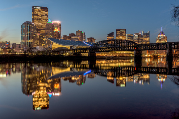 Pittsburgh reflects in the still Allegheny