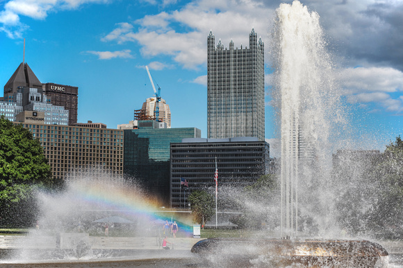 A rainbow in the fountain at Point State Park in Pittsburgh