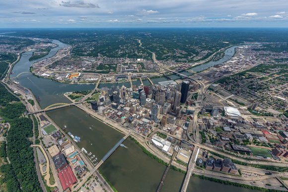 An aerial view of Pittsburgh showing the winding Monongahela and Ohio Rivers