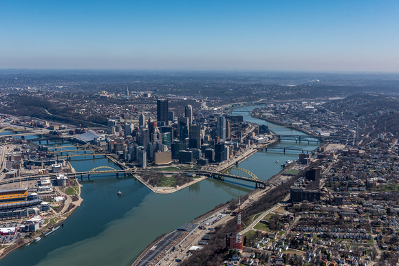 An aerial view of Pittsburgh on a beautiful spring day