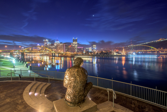 The Mr. Rogers Statue and Pittsburgh glow before dawn