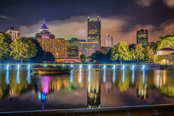 Pittsburgh reflected in the fountain at Point State Park at night HDR
