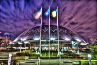 The Civic Arena shines under a purple sky before a Pittsburgh Penguins game