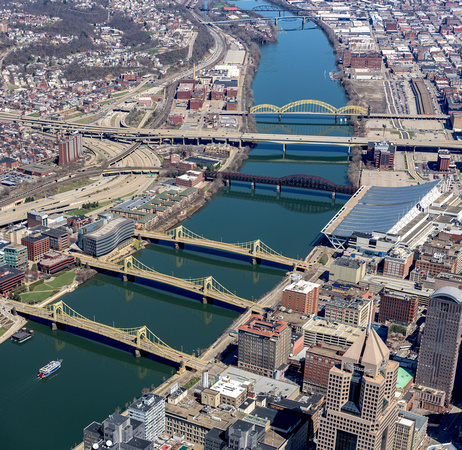 Panorama of an aerial view of the Allegheny River in Pittsburgh