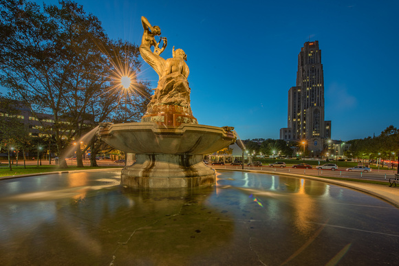 The fountain on Pitt's campus and the Cathedral of Learning