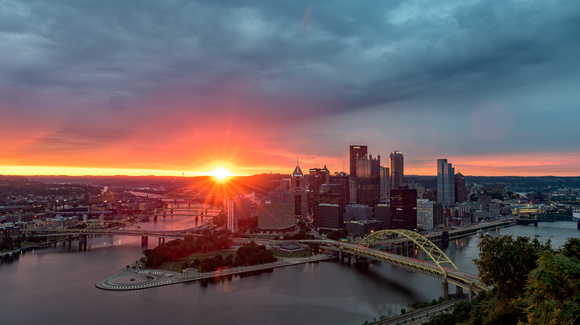A sunflare over Pittsburgh at dawn