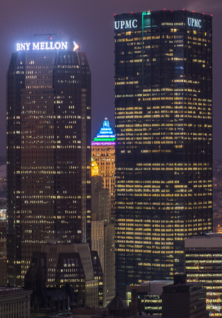 The Gulf Tower between the Steel Building and BNY Mellon in Pittsburgh