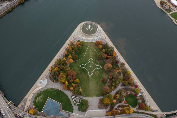 An aerial view of the Point in the fall in Pittsburgh