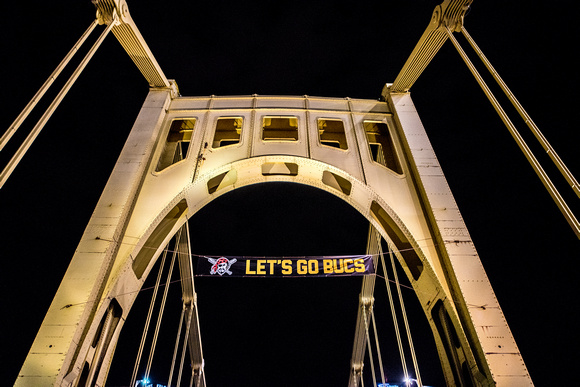 %22Let's Go Bucs%22 banner on the Clemente Bridge in Pittsburgh