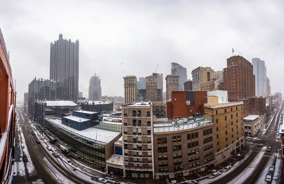 A panoramic view of downtown Pittsburgh in the snow