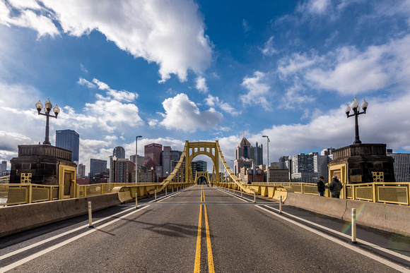 Sunlight shines on the Roberto Clemente Bridge in Pittsburgh
