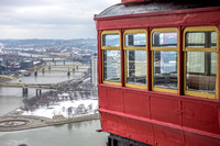 The Duquesne Incline sits at the station on a snowy day in Pittsburgh