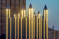 The spires of PPG Place glimmer at dusk in Pittsburgh