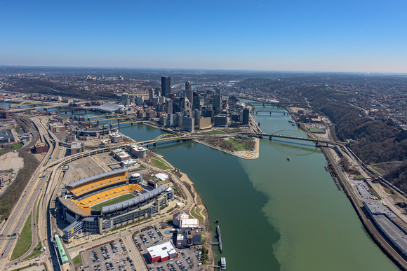 The stadiums of Pittsburgh on the North Shore of Pittsburgh in an aerial view
