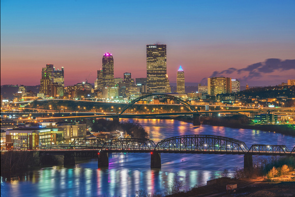 A view of Pittsburgh up the Monongahela River at dusk