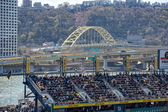 The Ft. Pitt Bridge rises above the right field seats at PNC Park