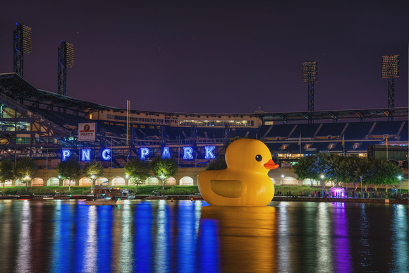 Giant rubber duck and PNC Park at night in Pittsburgh HDR