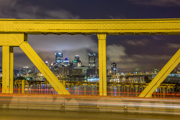 The West End Bridge frames Pittsburgh before dawn
