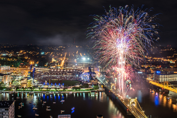 Fireworks over PNC Park from a Pittsburgh rooftop
