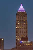 The Gulf Tower is lit up Purple at dusk